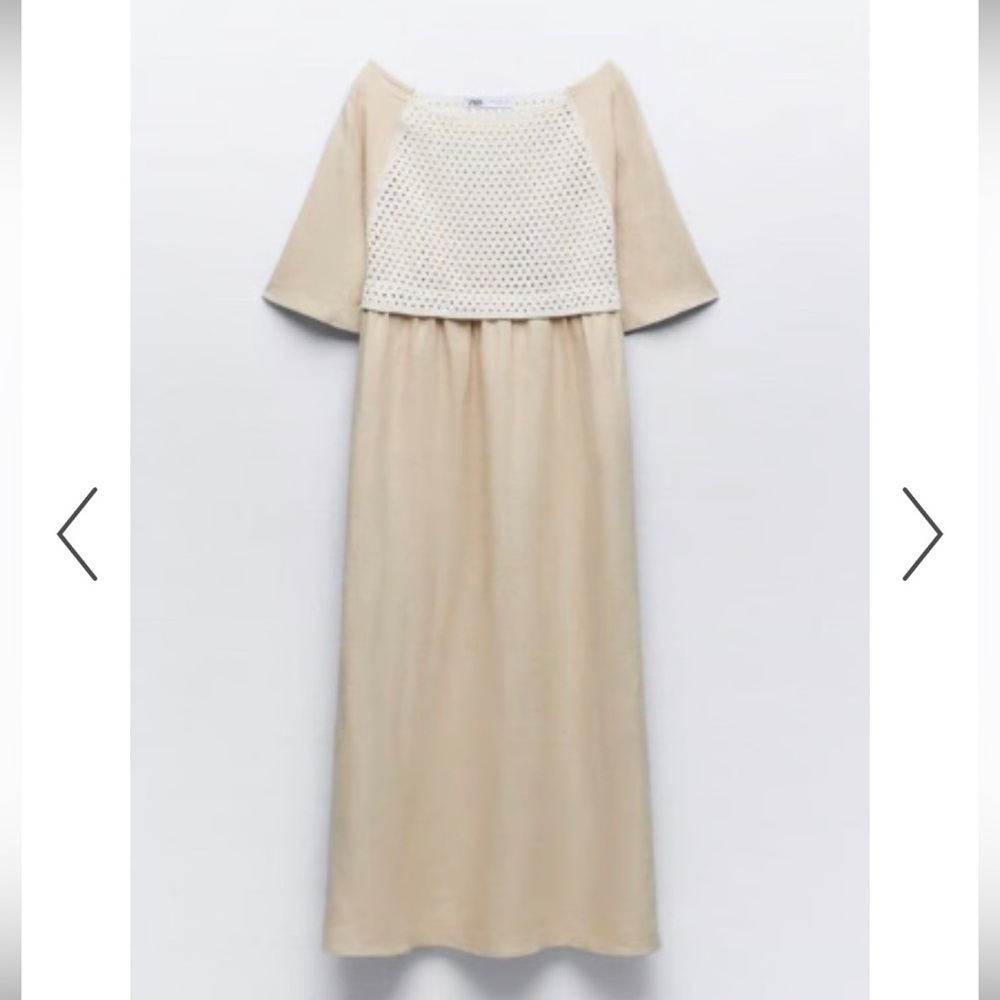 Zara Linen Crochet Beige Midi Dress - Picture 6 of 7